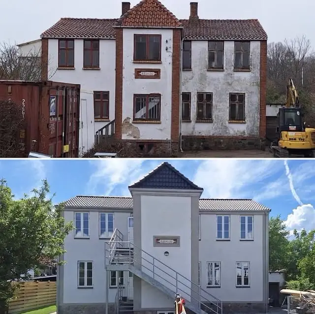 Før/efter — komplet facaderenovering af patriciervilla, fra slidt til som-ny
